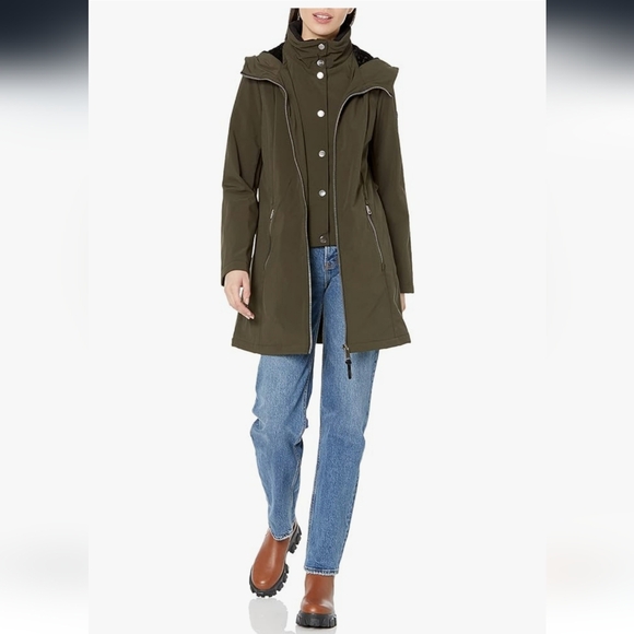 Dkny Jackets & Blazers - DKNY Women Olive Outerwear Softshell Hooded Long Jacket Velboa Lined Size Small